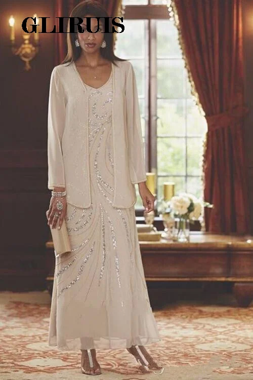 

Elegant Mother Of The Bride Dresses With Jacket Sequins Beaded Long Plus Size Mothers Wedding Guest Dress