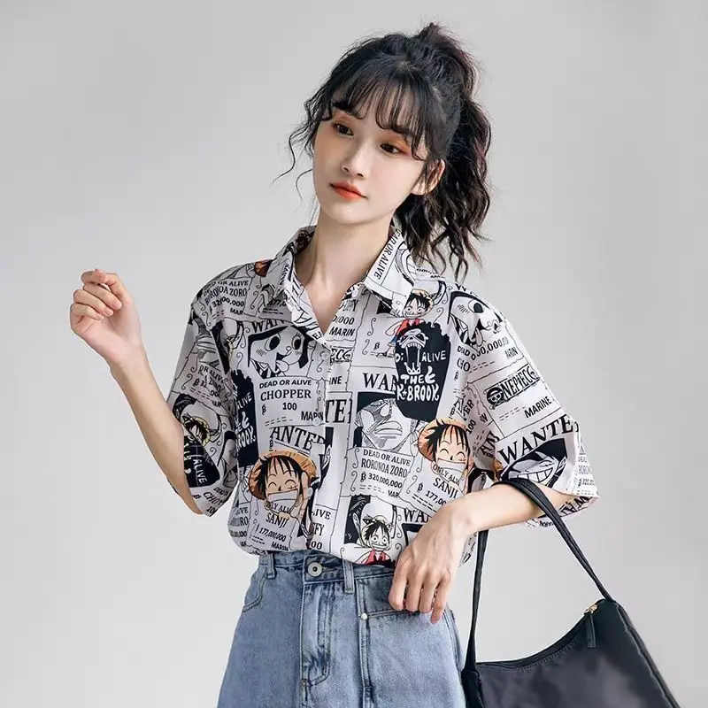 

Summer Cardigan Short Sleeved Japanese Anime Printed Shirt For Female Couples Casual Loose Outer Shirt For Female Top Trend