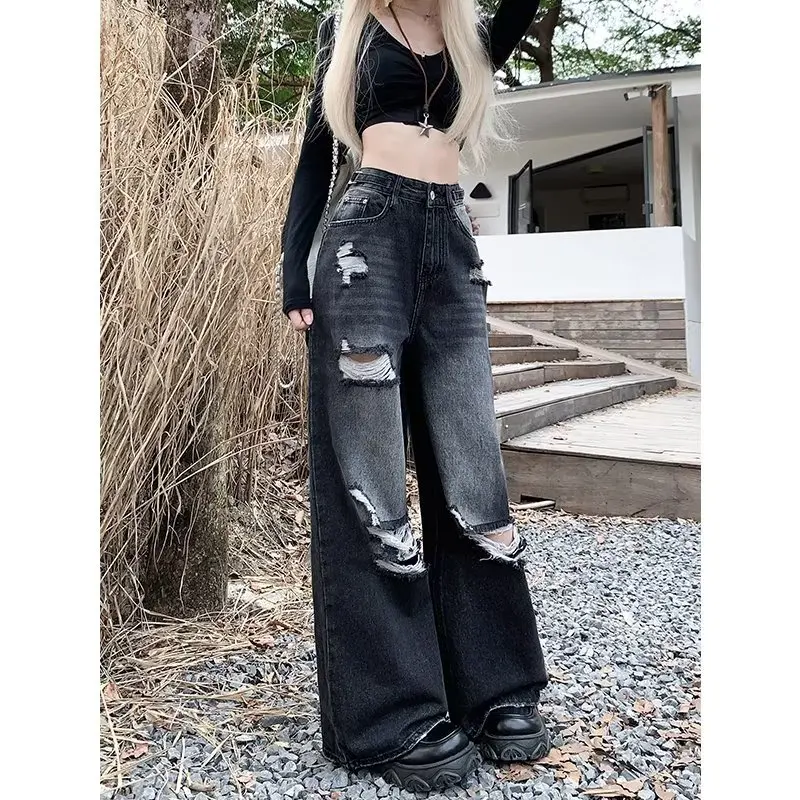 Y2K Style Jeans Women\'s High Street Black Loose Jeans with Wide-Leg High Street Straight High Waisted Mop Pants