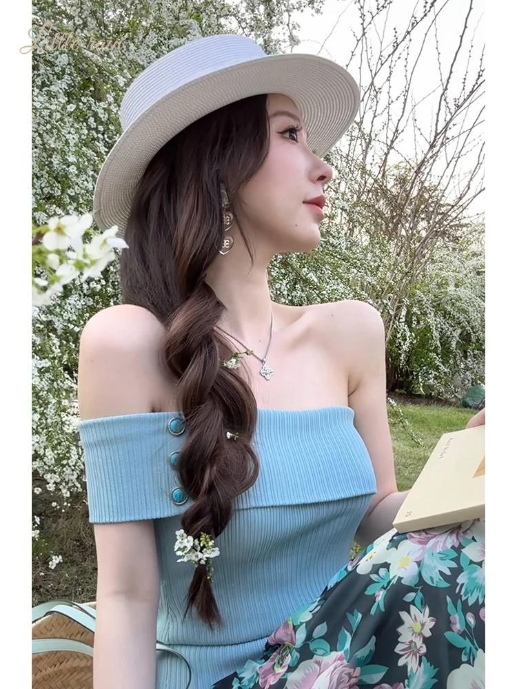 

Fashionable Shoulder-baring Button Knitted Top Slimming Casual Wear for Women Spring Summer Citywalk Breathable Comfortable