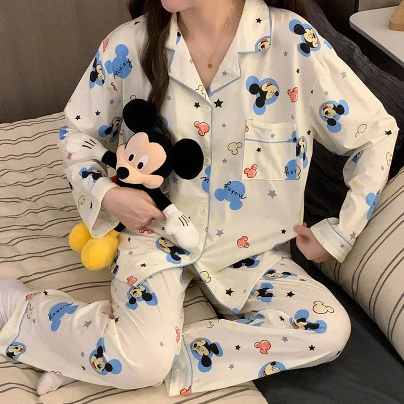 Disney Mickey autumn new pajamas women\'s long sleeves can be worn outside cartoon cute and comfortable pure cotton loungewear