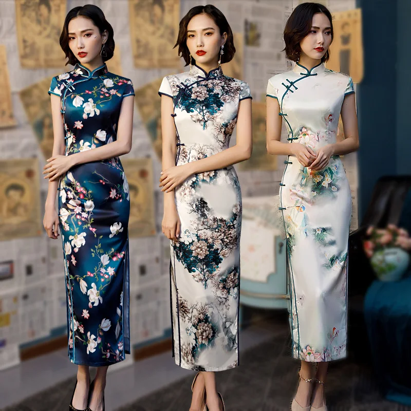 

Dress Women's Polyester Comfortable Breathable Long Improved Placket Cheongsam Retro Slim High-End Temperament Spring and Summer