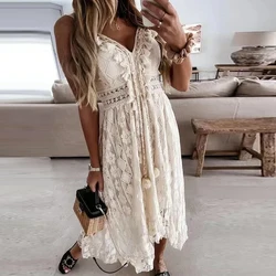 Women's V-Neck Spaghetti Strap Sundress, Hook Flower Hollow Maxi Dress, Elegant Lady Lace Dress, Summer Holiday, Boho, 22194