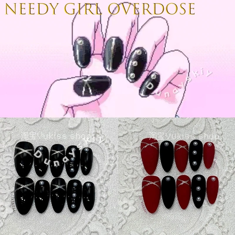 

Ame Chan Cosplay Press On Nails NEEDY GIRL OVERDOSE Jirai Kei Girls Disguise Black Bow Tie Wearable Pink Cute Long False Nails