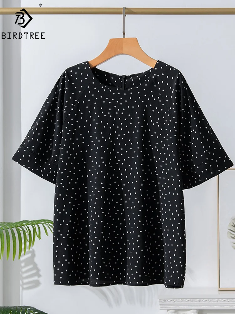 

BirdTree, 100%Real Silk Elegant TShirts, Women Short Sleeve Polka Dots, Commute Fashion Tees, 2024 Spring Summer New T45887QM