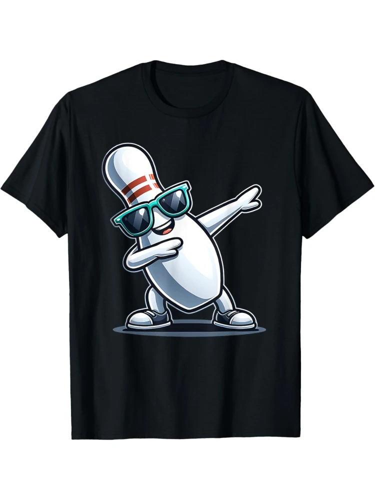 Bowling pin Dabbing glasses printed t-shirt, 100% cotton round neck casual short-sleeved t-shirt, knitted fabric.
