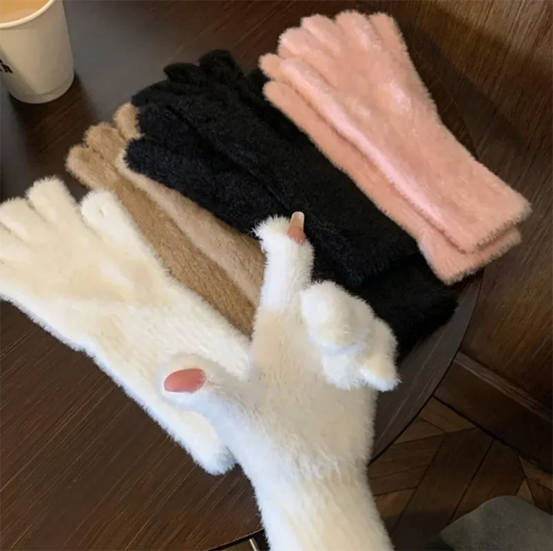 Süße Nerz Wolle Lange Handschuhe Frauen Winter Verdicken Gestrickte Warme Kurze Flauschigen Plüsch Fäustlinge Schutz Arm Anti-Kälte Outdoor handschuhe