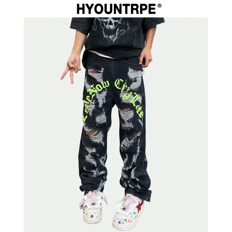 Destroy Ripped Holes Front Letters Embroidery Denim Jean Pants Men Casual Harajuku Jean Trouser Hip Hop Streetwear Pants Joggers