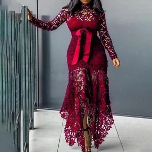 Senhoras elegante renda maxi vestido feminino festa de casamento à noite bodycon vestidos de manga longa plus size moda 8 principais vendas vestido feminino renda plus size - №4