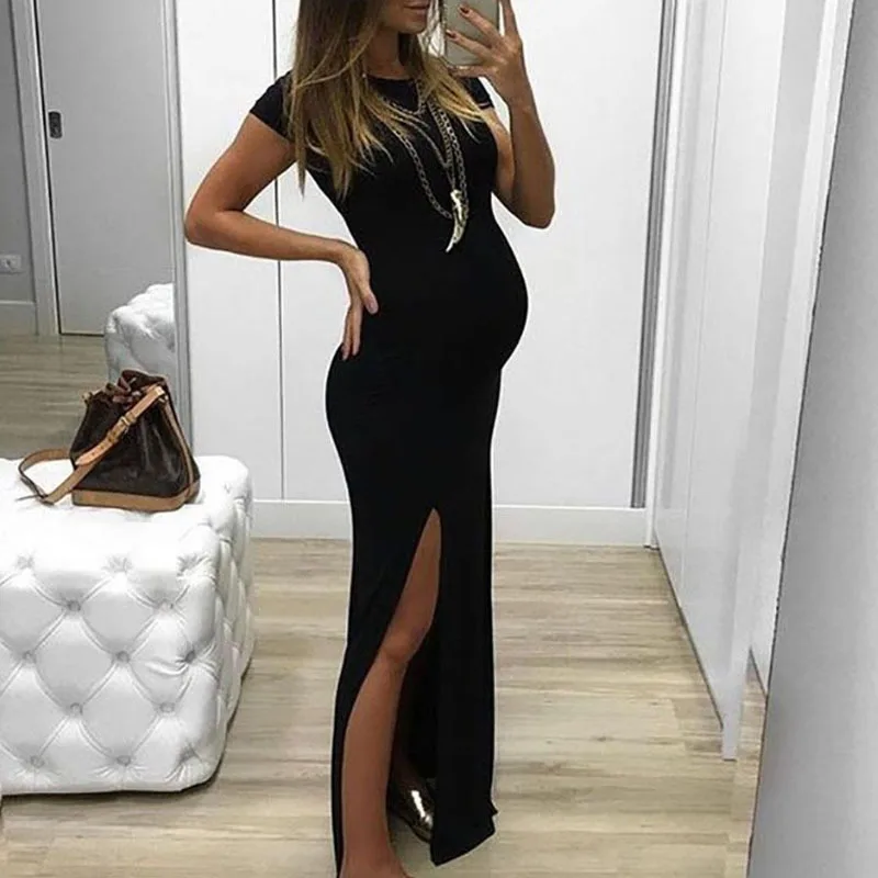 2023 Summer Maternity Dresses Solid Short Sleeve Bodycorn Maxi Dress Pregnant Women Side Slit Baby Shower Gowns Premama Clothing