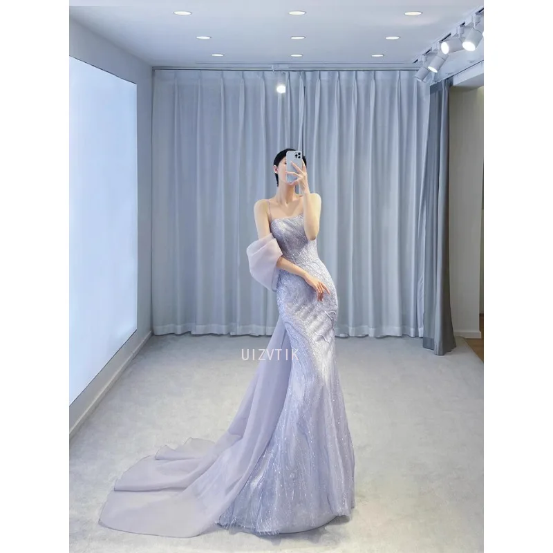2025 New Sequin Mermaid Prom Gown Women Blue Long Evening Party Dress with Big Bow Elegant Tulle Train Wedding Dress Bride Gowns