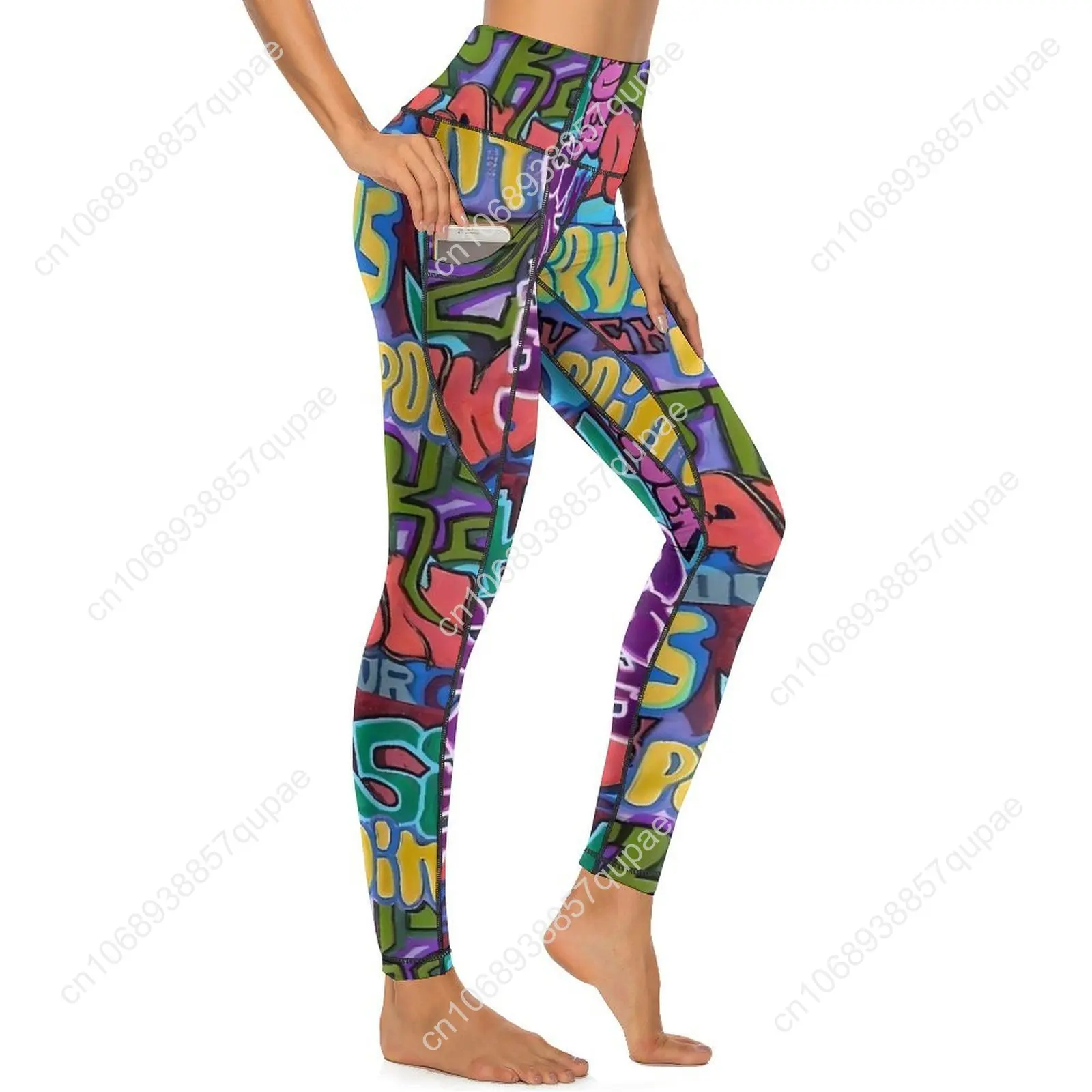 

Graffiti Leggings Sexy Letter Print Running Yoga Pants Push Up Stretchy Sports Tights With Pockets Kawaii Graphic Leggins