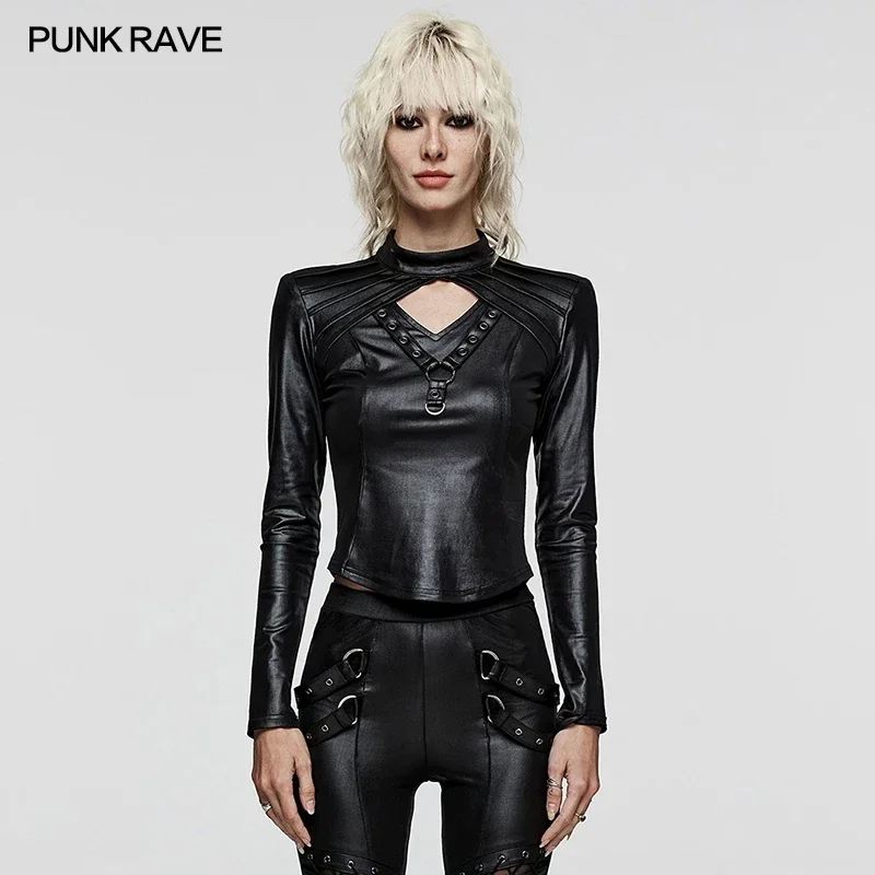 PUNK RAVE Women\'s Gothic Cool Basic Shirt Punk Daily Elastic Knitted Sexy Hollow V-neck Black Tops Women Clothes