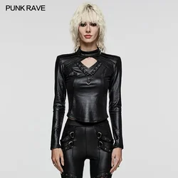 PUNK RAVE Women's Gothic Cool Basic Shirt Punk Daily Elastic Knitted Sexy Hollow V-neck Black Tops Women Clothes