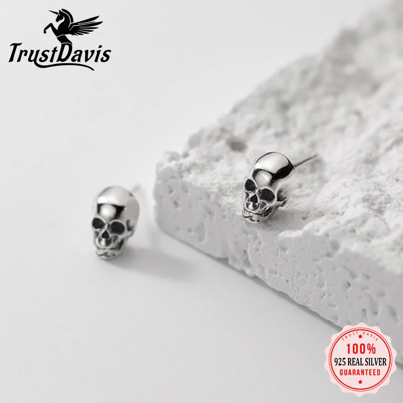 TrustDavis Real 925 Sterling Thai Silver Earring Fashion Gothic Skull Stud Earrings For Women Halloween Gift Fine Jewelry DA2537