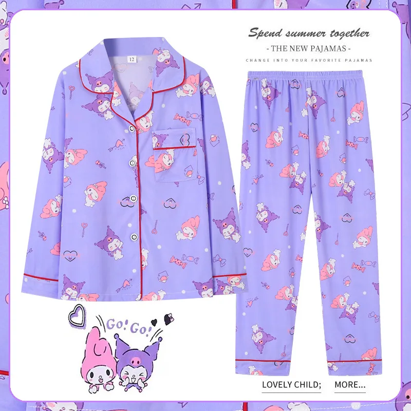 2pcs Sanrio Kuromi Pattern Kid\'s Pajamas, Long Sleeve Top & Pants Set, Anime Girls Sleepwear Autumn Children Homewear Clothes