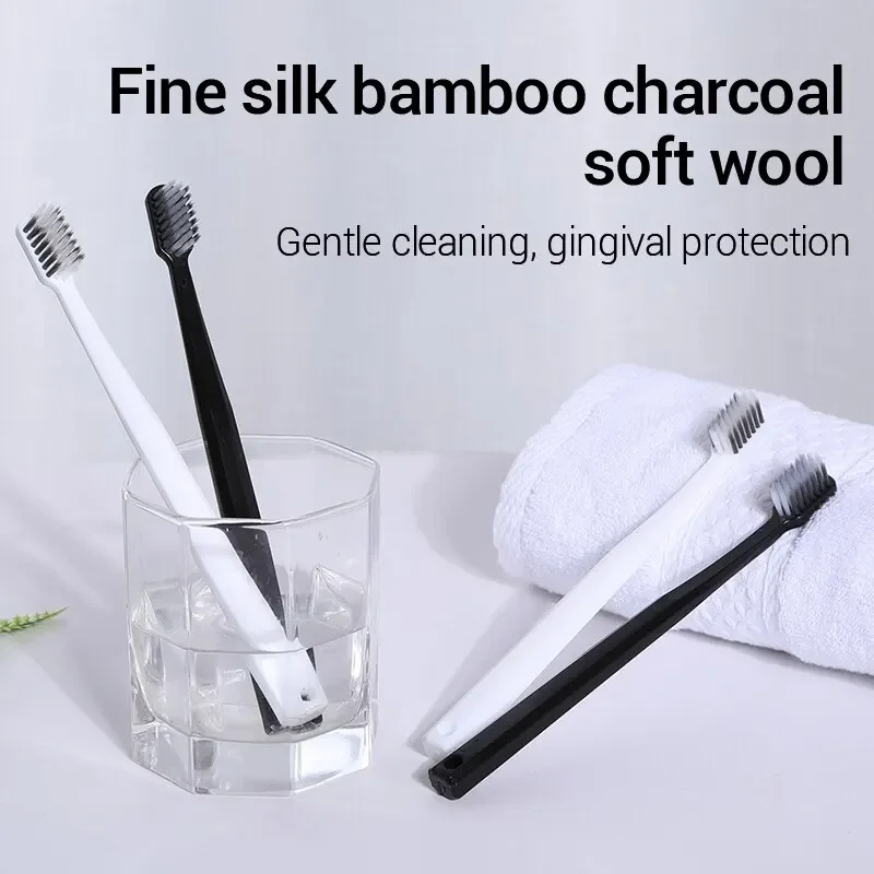 kkjoy 10PCS Bamboo Charcoal Toothbrushes - Soft Silk Bristles, Black & White Adult Brushes for Men & Women, Family Set