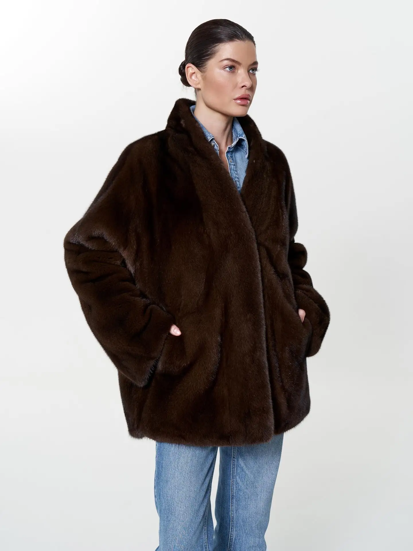 Women Winter Faux Fur Coat 2026 Warm Dark Brown Fluffy Plush Jacket Lapel Open Front Outerwear
