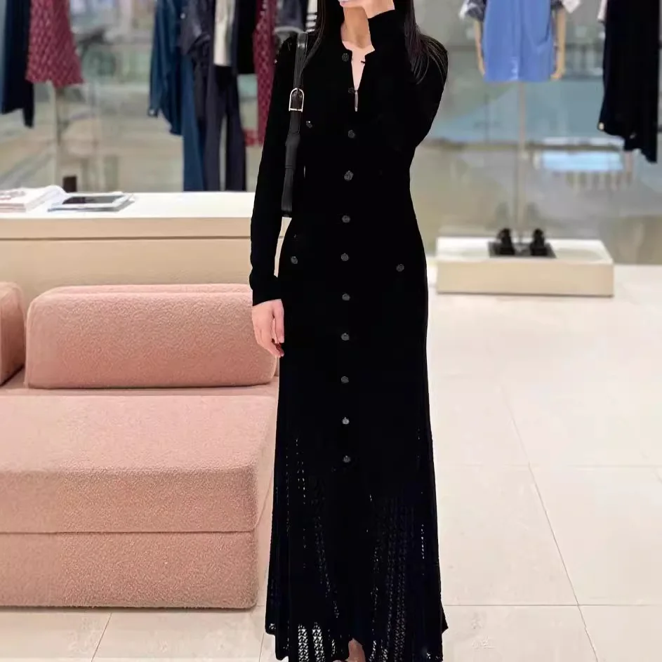 

Women's elegant party black knitted dress round neck long sleeve slim birthday party celebration midi robe