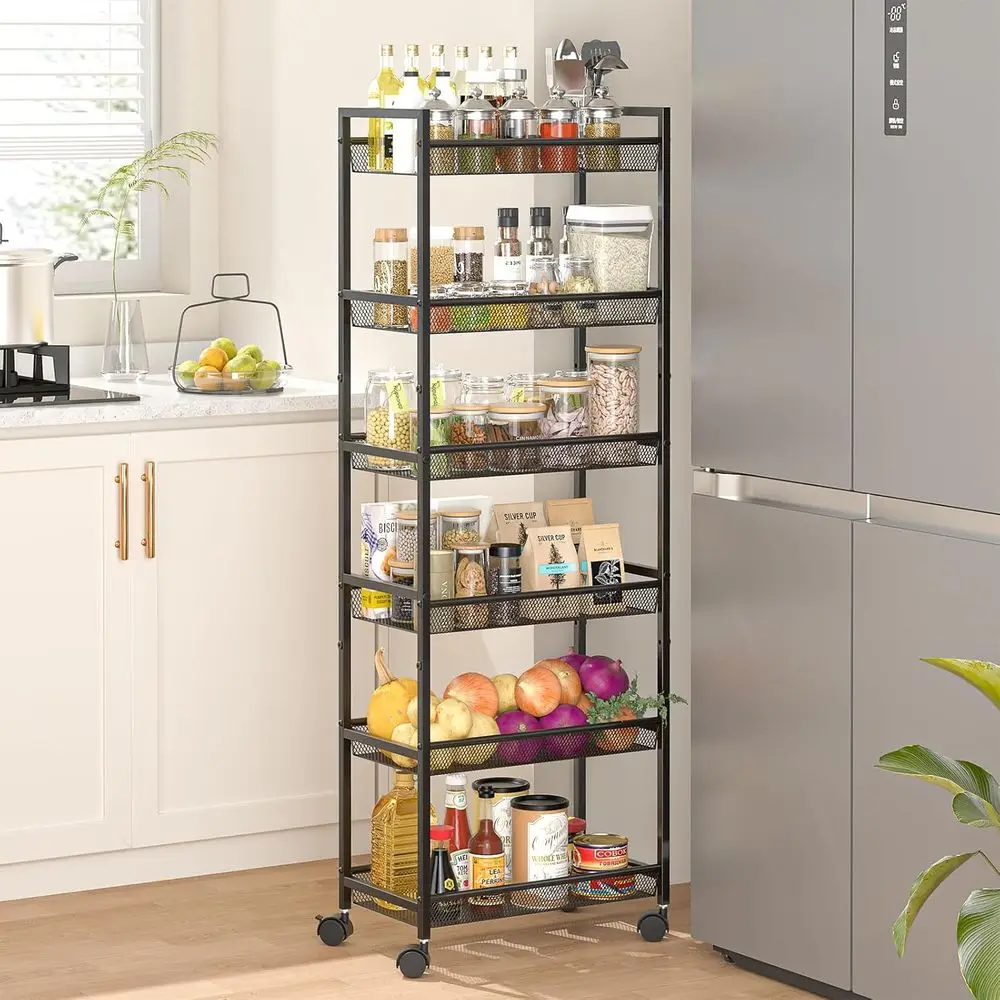 

6-Tier Slim Rolling Storage Cart, Mobile Shelving Unit Organizer with Wheels, Metal Wire Rack for Kitchen, Bathroom, Laundry, Li