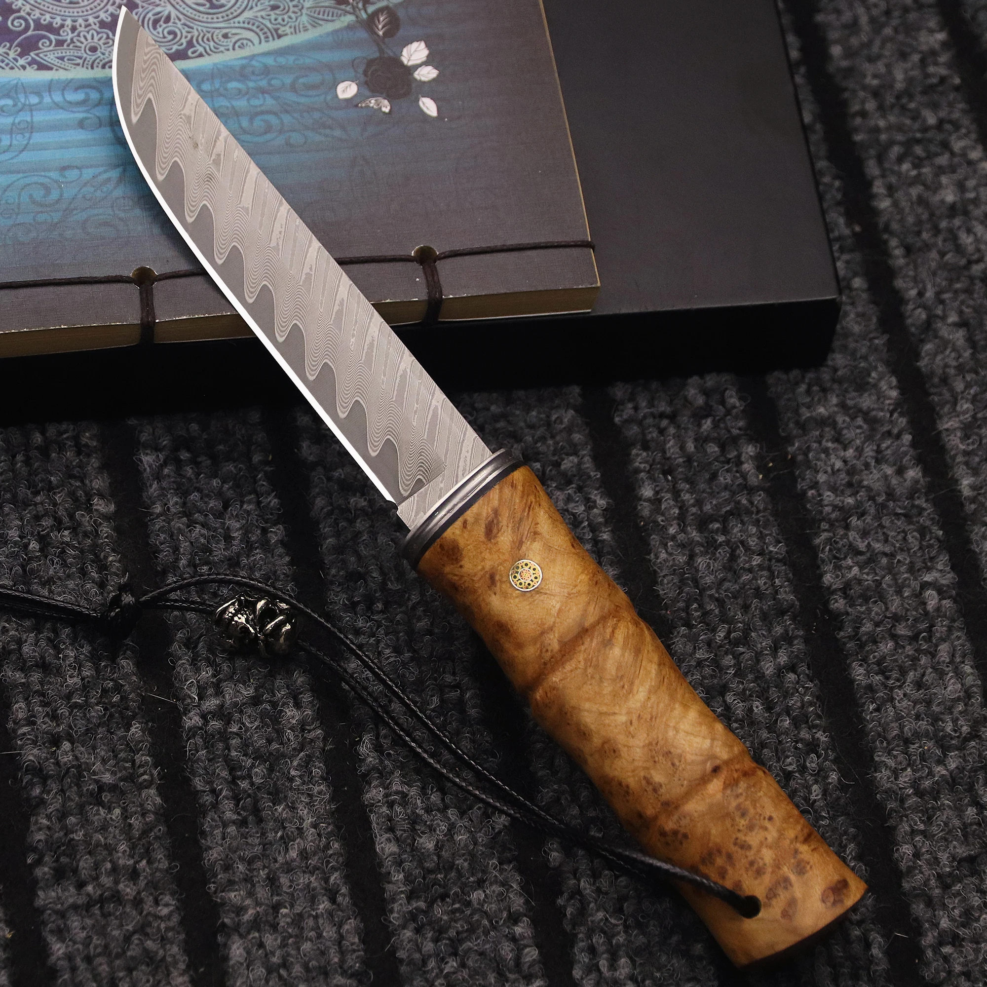 Japanese handmade bamboo festival collection Damascus steel knife, jungle hunting straight knife, outdoor survival knife