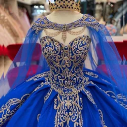 Custom Made Blue Ball Gown Quinceanera Dresses With Cloak Cape Applique Lace Floral Corset vestidos de xv 15 anos Girl Proms