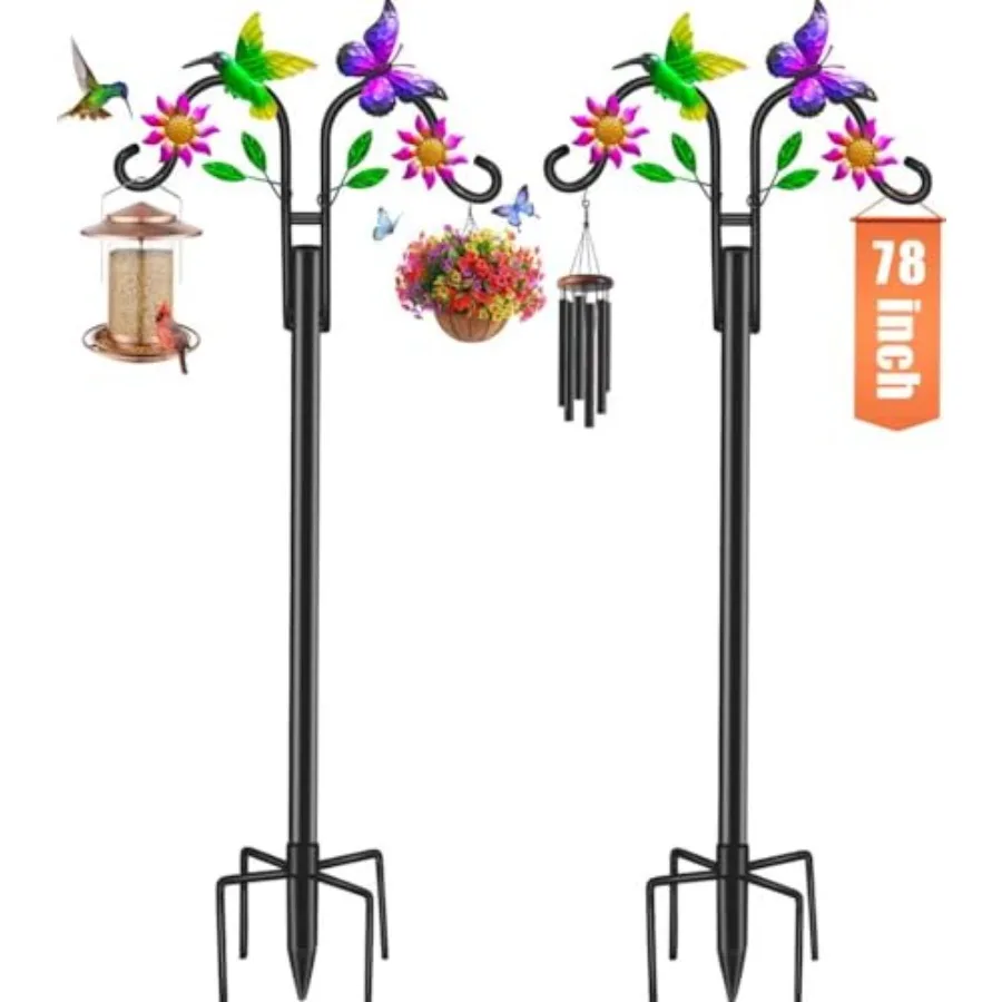 

Double Shepherds Hooks for Outdoor 78 Inch Artistic Hummingbird and Flower Design 5 - Prong Base Ideal for Bird Feeders Baskets