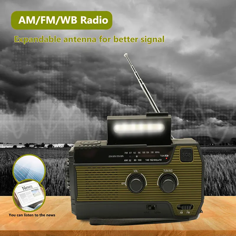 Radio de emergencia portátil, manivela Solar de 4000mAh, cargador de teléfono móvil, Radios AM/FM, linterna LED, luz nocturna para interiores y exteriores