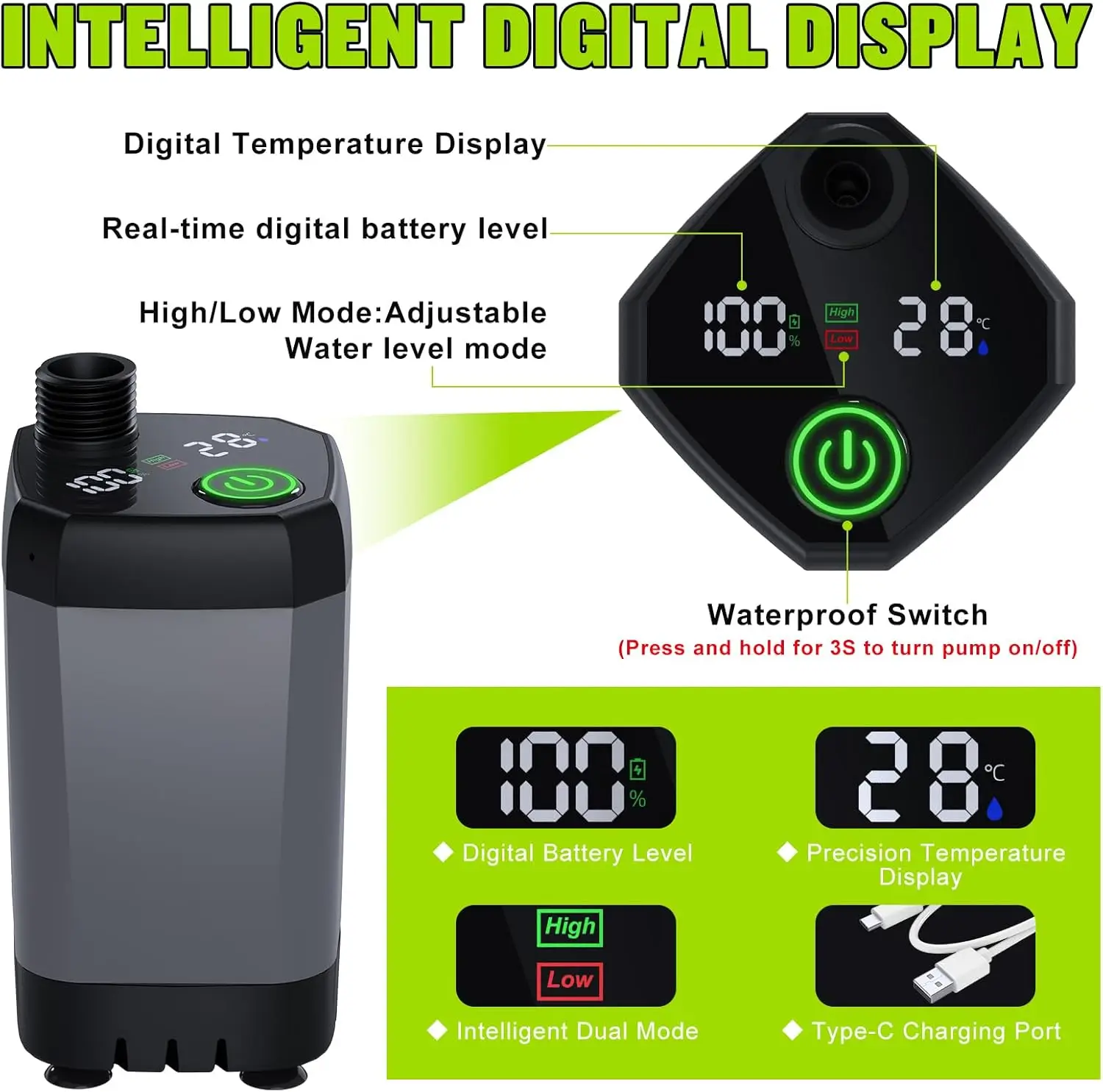 ฝักบัวพกพาแบบชาร์จไฟได้ พร้อมจอ LED, 4 โหมดการฉีด, กันน้ำระดับ IPX7 สำหรับการเดินทางกลางแจ้งและอาบน้ำสัตว์เลี้ยง