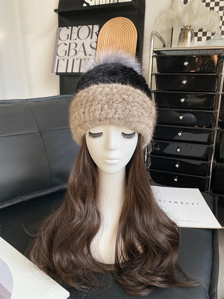 New Fashion Women Winter Mink Fur Hats Knitted Real Mink Female Russian Warm Beanies Hat Fur Hat Silver Fox Fur Ball Caps