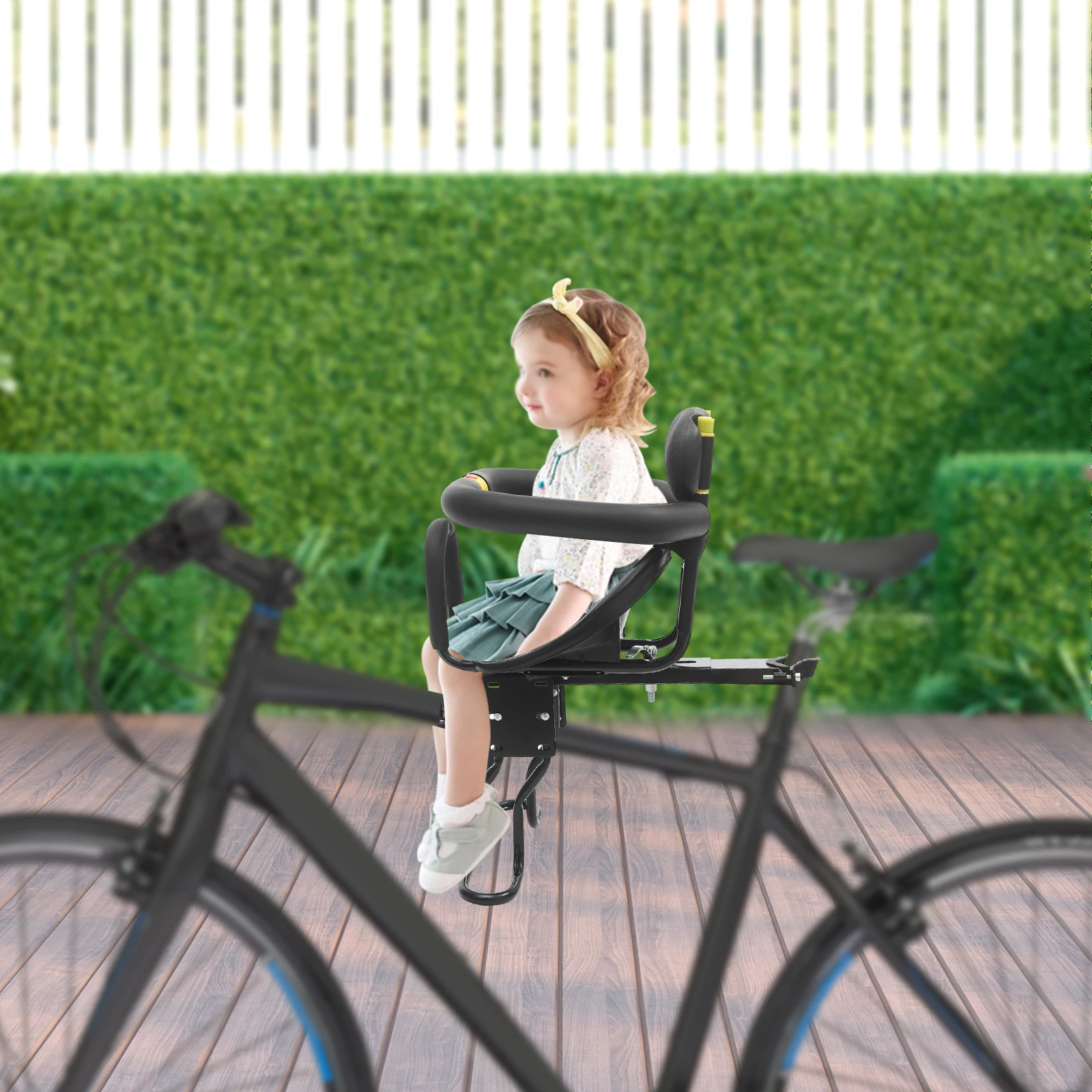 ブラックチャイルドバイクシート、ユニバーサルフロントマウントマウンテンバイクシート、最大35kgの耐荷重、調節可能なバイクフロントベビーシート