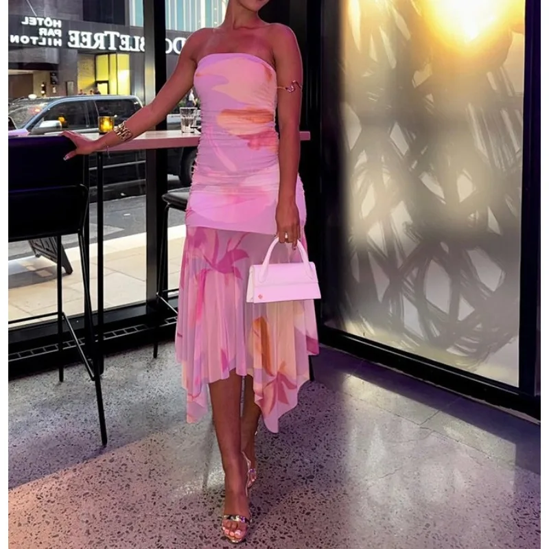 

2026 Women's Clothing Micro-transparent Splicing Backless Sexy Hip Skirt One-word Collar Slim Tube Top Long Dress