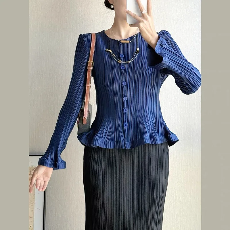 

Miyake Pleated Women's Cardigan Jacket 2026 New Long-sleeved Ruffle Design Korean Slim Top T-shirt Stretch Clothing Wrinkle-Free