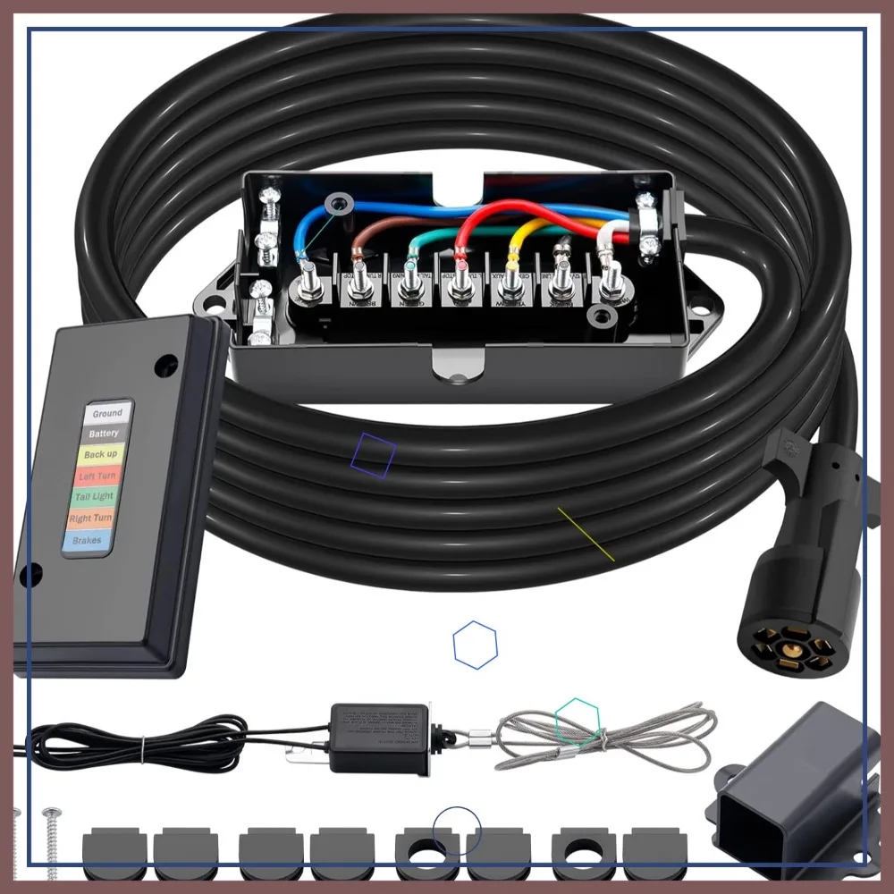 

15 FT 7-Way Trailer Wiring Kit with Junction Box, Breakaway Switch, and Plug Holder for RVs and Trailers