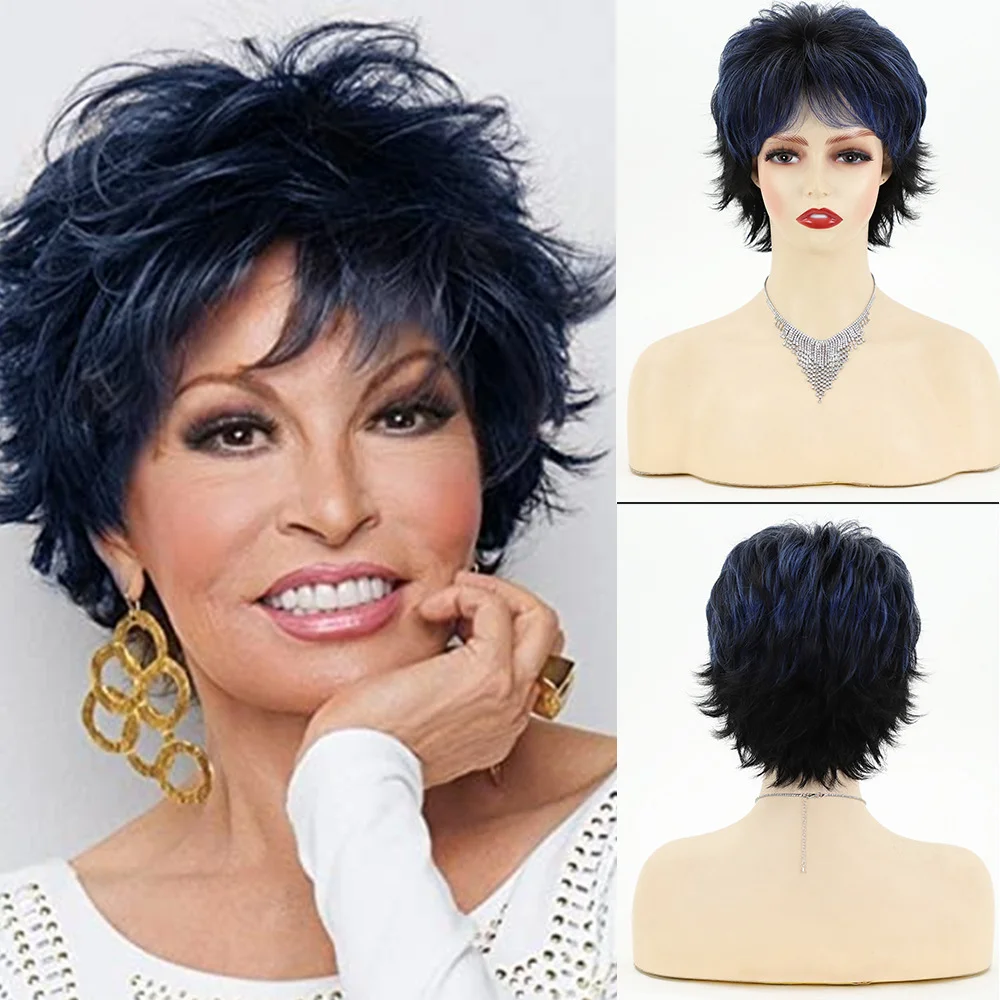 

Pixie cut wigs Short Blue Black Brown Synthetic Wig With Bangs Curly Wavy For Women to Wear Daily Party Cosplay