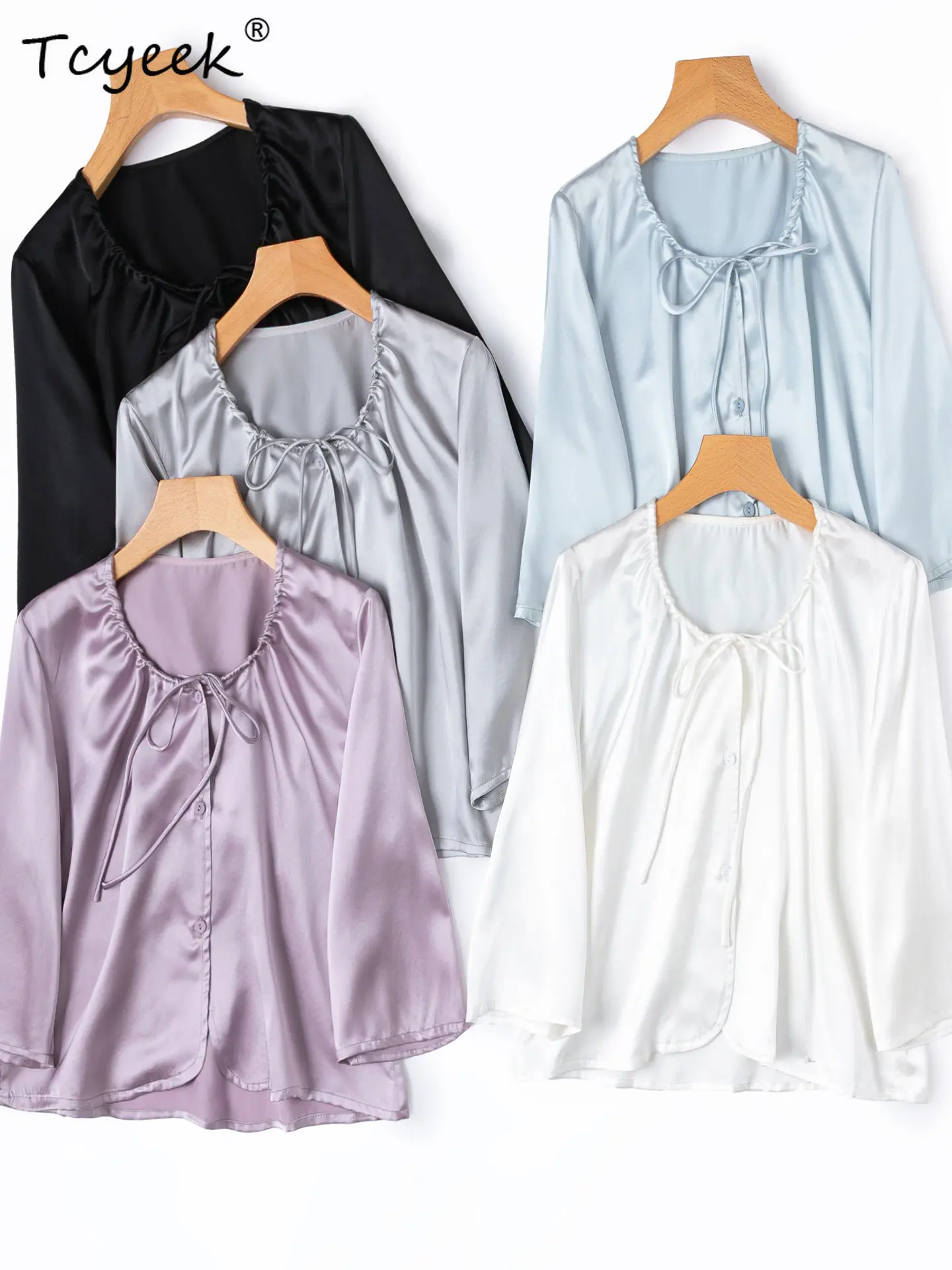 

Tcyeek 100% Real Mulberry Silk Shirt Women Spring Summer Clothes Elegant Womens Shirts Short Style Lace-up Camisas De Mujer