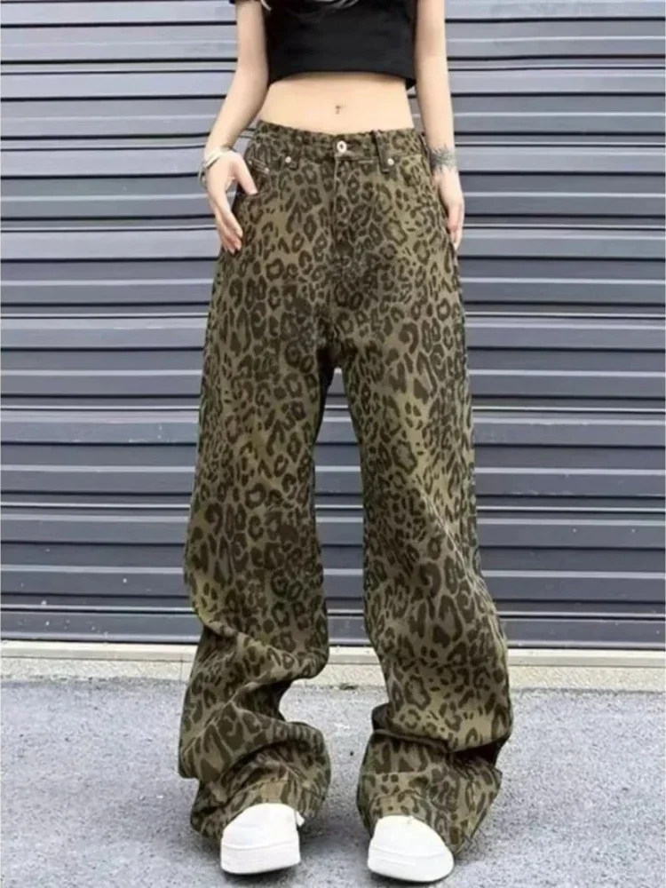 Frauen Denim Hosen Herbst Frühling Leopard Print Breite Bein Jeans Vintage-Mode Weibliche Hohe Taille Beiläufige Gerade Jeans Hosen