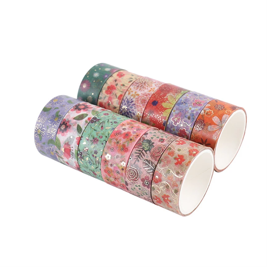 Imagem -03 - Roll Washi Tapes Vintage Folha de Ouro Adesivos Conjunto Flor Kawaii Cinta Pegatinas Washietape Diário Papelaria Coreana Fita Adesiva 12