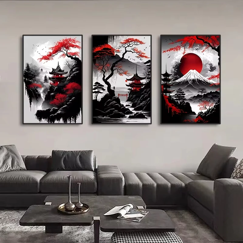 3pcs Vintage Japanese Style Natural Landscape Wall Art Canvas Painting Oriental Black&Red Poster Prints Picture for Home Decor