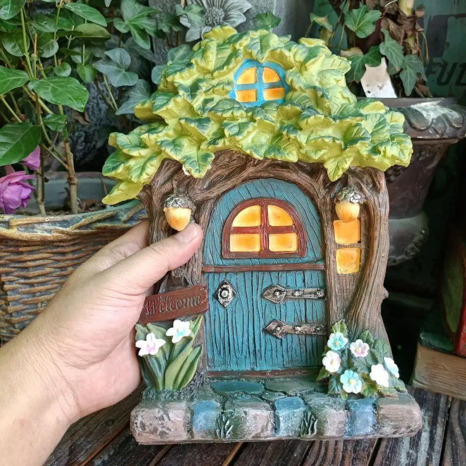 Wooden Miniature Fairy Gnome Engraved Design Fairy Door Windows Door Figurines Lawn Ornament Garden Decoration Outdoor Kid Gift