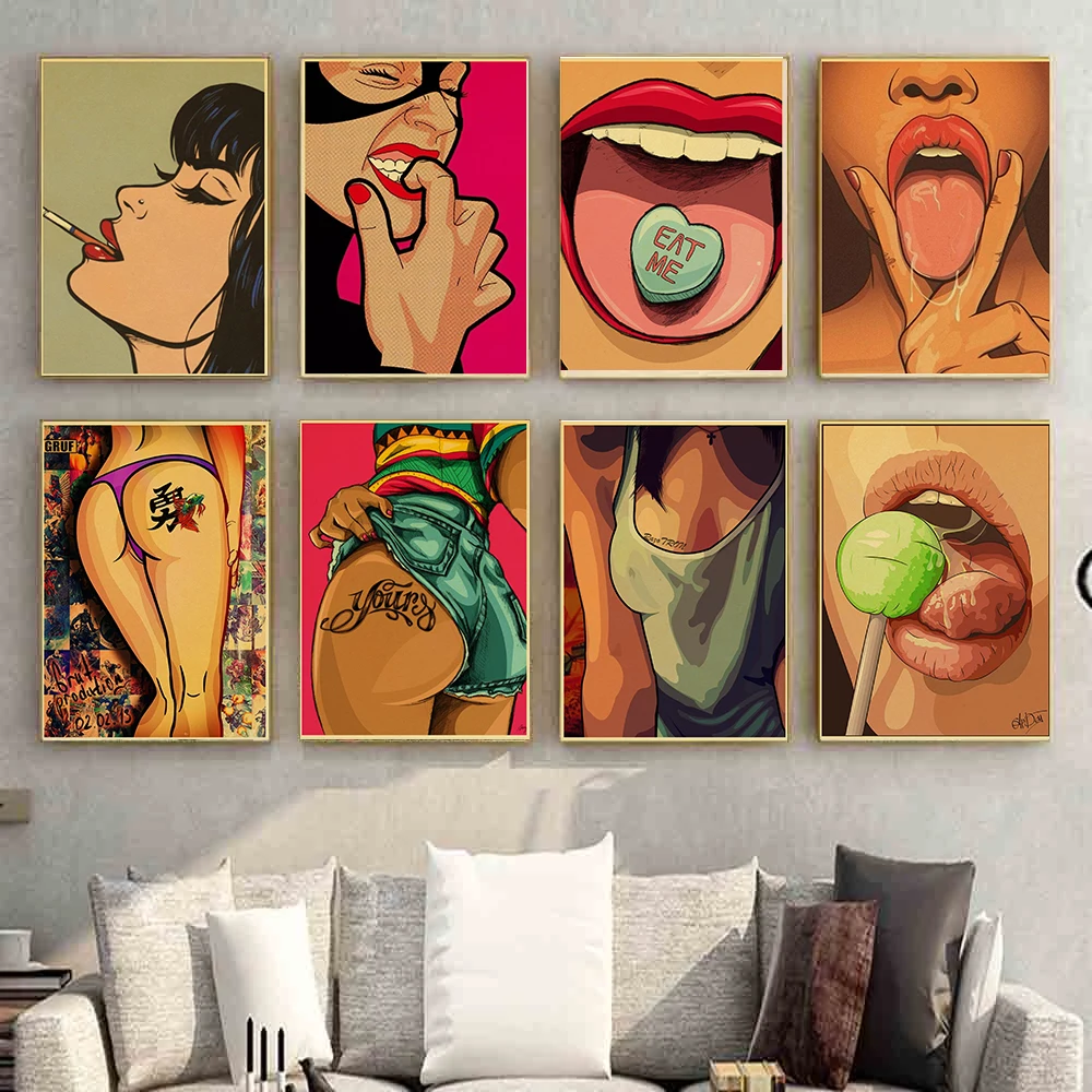 Sexy Cool Anime Girl Mouth Butt Lollipop Tongue Poster and Canvas Printing Wall Art Picture for Bedroom Room Cafe Bar Home Decor