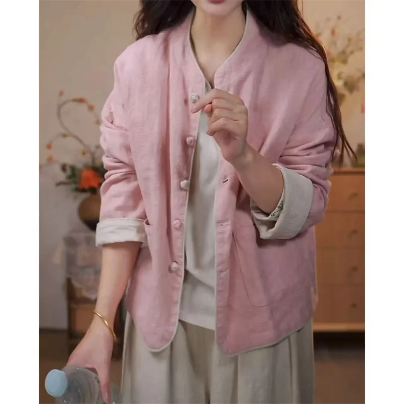 

2026 весна и осень, новое повседневное удобное однотонное двустороннее свободное темпераментное белое осеннее пальто в китайском стиле