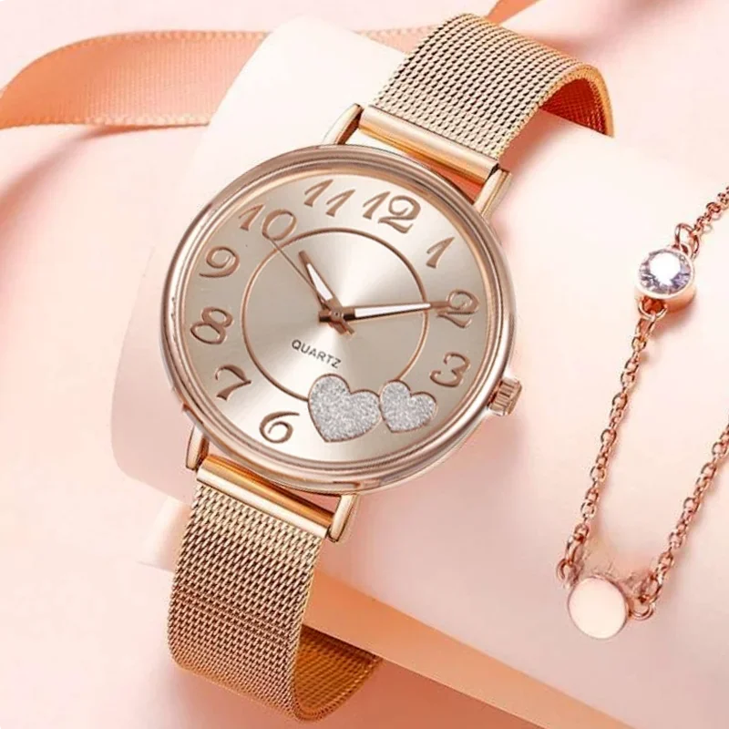 Elegant Rose Gold Heart Dial Watch Female Simple Temperament Student Waterproof Female High-level Female Luxury Watches Women