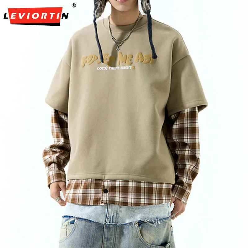 

Men's 2026 Fall Trendy T-Shirt, American Retro Style Loose Fit, Gingham Plaid Patchwork Sleeve Design Casual Streetwear Top