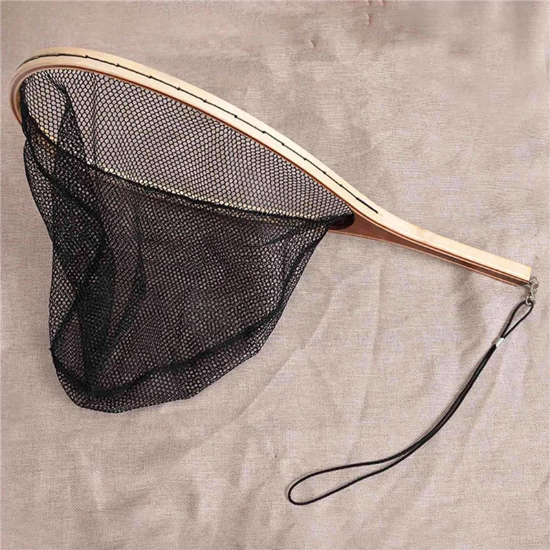 -ABHW 2X Fly Fishing Landing Net Wooden Handle Nylon Landing Handle Trout Mesh Fish Catch Release Scoop Fishing Tool