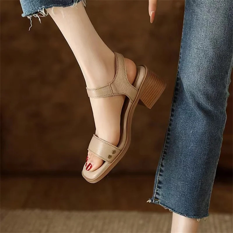 Vintage Brown Sandals for Women Summer Low Heel Roman Shoes with Open Toe Stripe Comfortable Square Root Women Platform Shoes