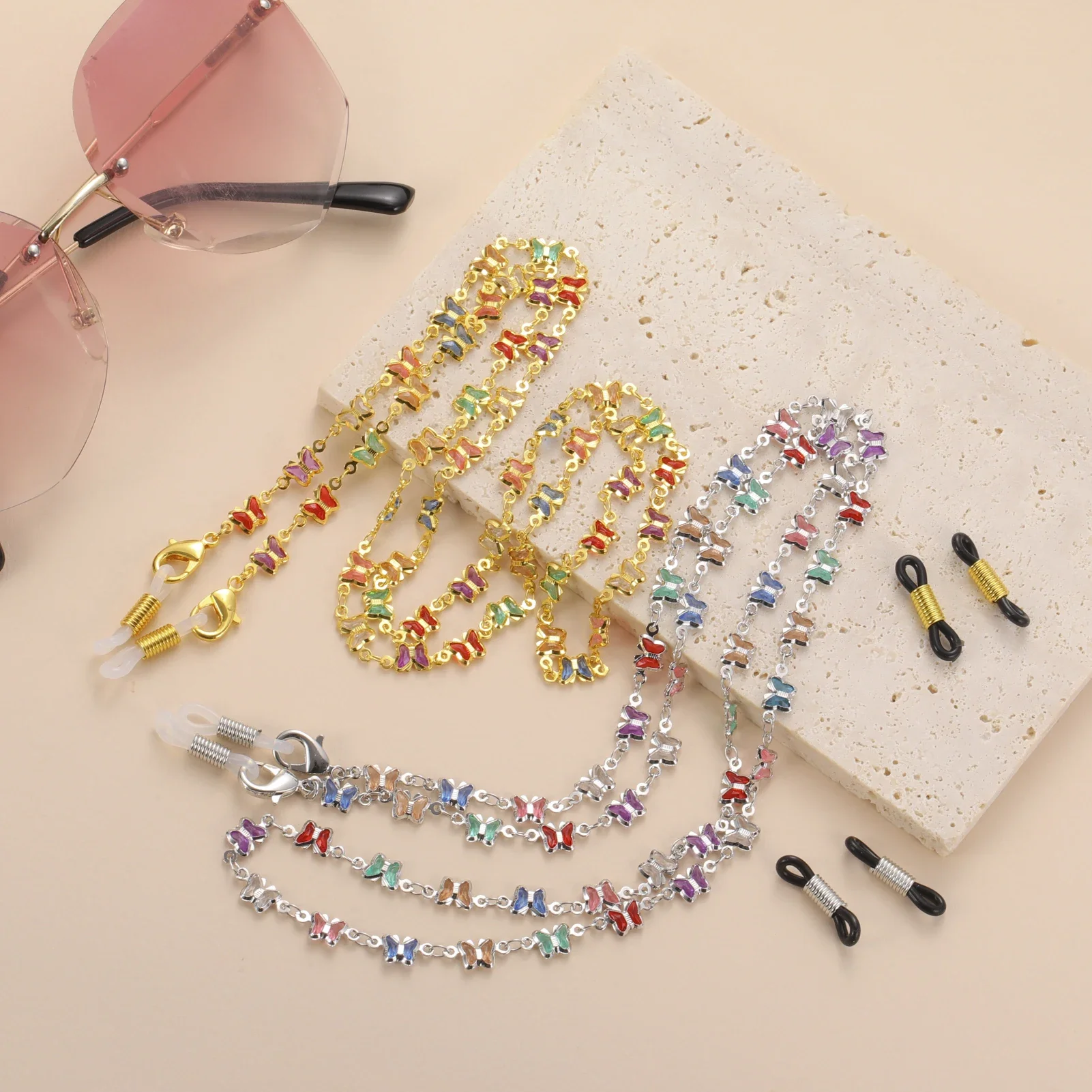 Skyrim Sunglasses Chain Women Colorful Crystal Heart Butterfly Glasses Lanyard Holder Neck Straps Cord Accessory Gift Wholesale