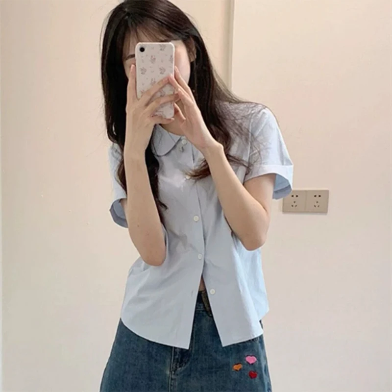 Xpqbb Blue Short Sleeve Shirt for Women Summer Casual All-match Turndown Collar Blouse Female Preppy Style Student Crop Shirts