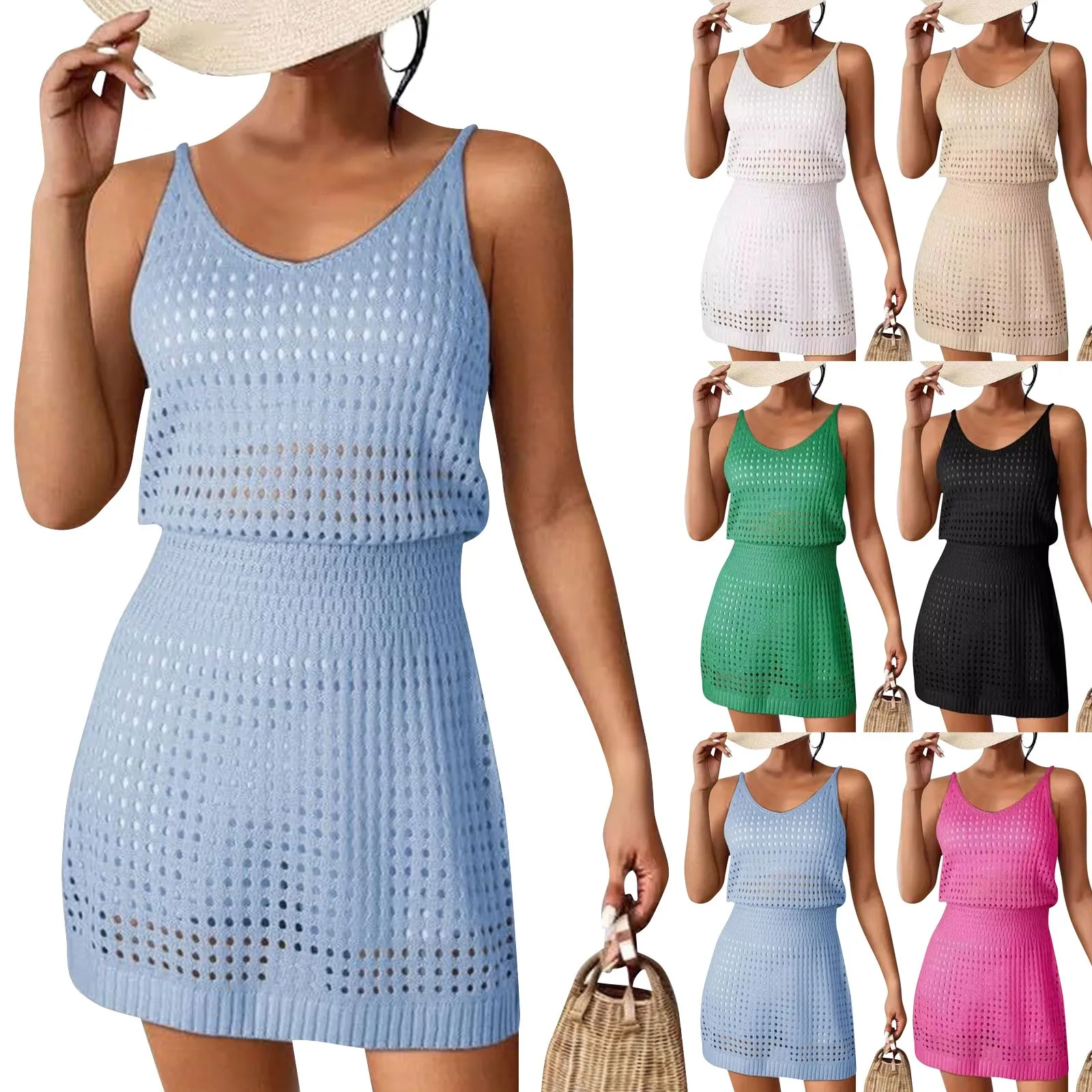 Women's Sexy Hollow Out Knitted Camisole Dress Tank Dresses Beach Dress