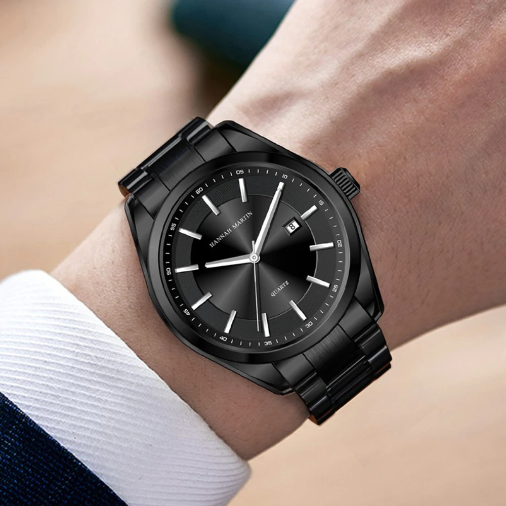 HANNAH MARTIN Men Watch 1381 Luxury Watch Fashion Waterproof Calendar Steel Strip Quartz Watches for Men Relogios Masculino